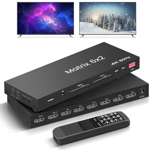 Cuifati 6x2 Switcher, 4K 60Hz 2-utgång med SPDIF 3,5 Mm Extractor, EDID, HDR, HDCP 2., IR-fjärrkontroll för PC, Projektor, Soundbar (#1)