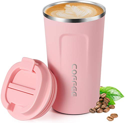 Smilatte 18oz (510ml) Vacuum Insulated Travel Mug, Leakproof Double Wall Stainless Steel Reusable Coffee Cup with Lid for Hot & Cold Drinks, Matte Texture Pink