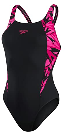 Speedo Damen Hyperboom Splice Muscleback Badeanzug, Schwarz/Rosa, 34