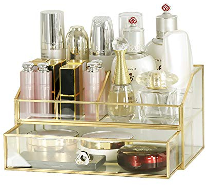 YUEHUA Kosmetikorganiser,Beauty Organizer, Make Up Kosmetik Organizer, Schmink Aufbewahrung Kosmetikbox für Dresser Schlafzimmer Badezimmer Kupferrahmen-a12