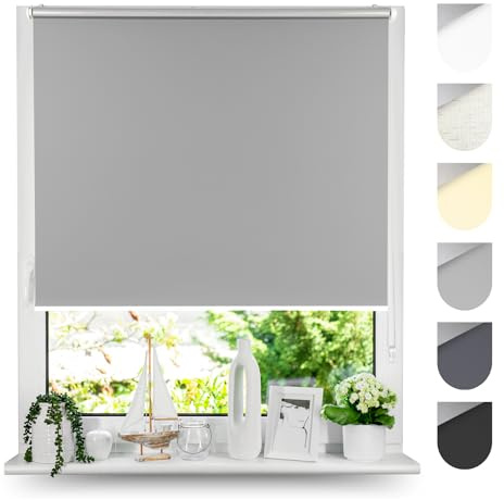 Tom'Shop Tom'Shop® Verdunkelungsrollo Klemmfix ohne Bohren(Grau 80cm x 220cm) Seitenzugrollo Thermorollo Klemmrollo mit Klemmträger Fensterrollo Super Blackout Rollo