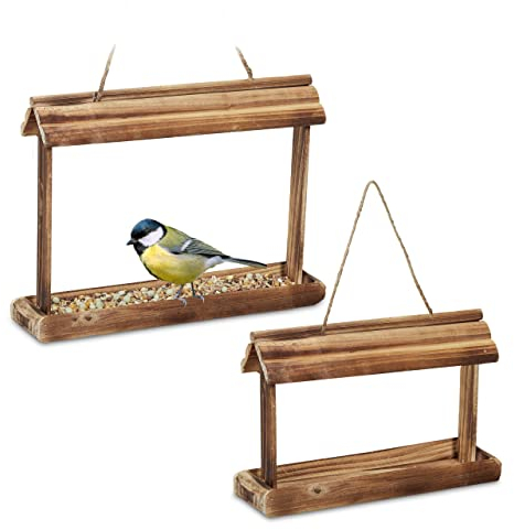 Relaxdays Vogelfutterhaus 2er Set, geflammtes Holz, zum Aufhängen, HxBxT: 23,5 x 31,5 x 8 cm, Vogelfutterstation, Natur