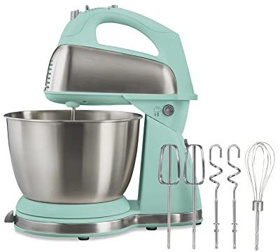 Hamilton Beach Classic Stand and Hand Mixer, 4 Quarts, 6 Speeds with QuickBurst, Bowl Rest, 290 Watts Peak Power, Aqua Blue (64658)