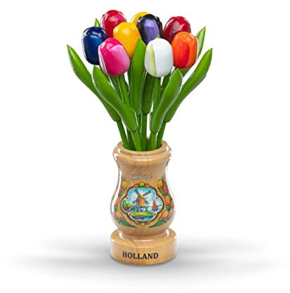 MomoMoments Bouquet di tulipani e vaso in legno, altezza 21 cm, 9 tulipani in legno dipinti a mano, incl. vaso naturale, bouquet, decorazione, fiori di legno, prodotto in Olanda