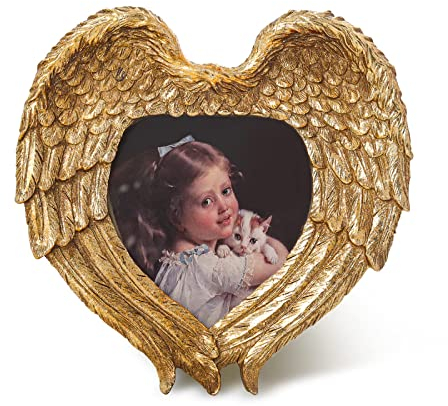 C&Z Vintage Picture Frames, 4x4 Antique Angel Wings Heart Shaped Memorial Photo Frame with High Definition Glass Front for Home Decor, Tabletop Art, Bronze Gold Baroque Photo Display, Gallery Decor