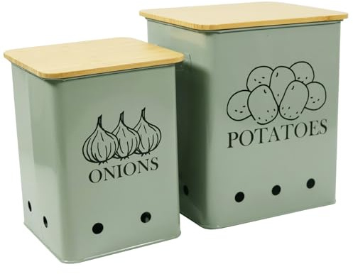 Kitchen Vegetable Storage Tins Set of 2, Onion and Potato Storage Bins with Wooden Lid and Aerating Holes, Garlic Bin Caddy, Vintage Kitchen Decor, Green