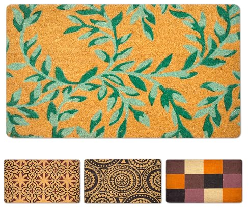 LUA VIKA Coir Doormat - Green Leaves - 40x70 cm - Outdoor Door mat - Front Door mat outside - Doormats outside