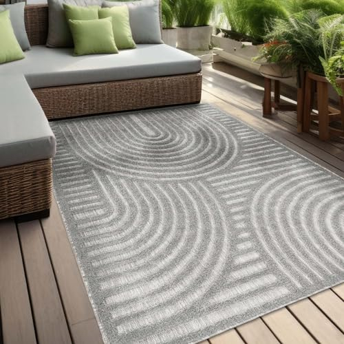 In & Outdoor Teppich Barcelona Wetterfest Balkon Boho Wohnzimmer Küche Skandinavisch Muster Einfarbig 3D Effekt Modern grau Kreise Welle 160x220 cm