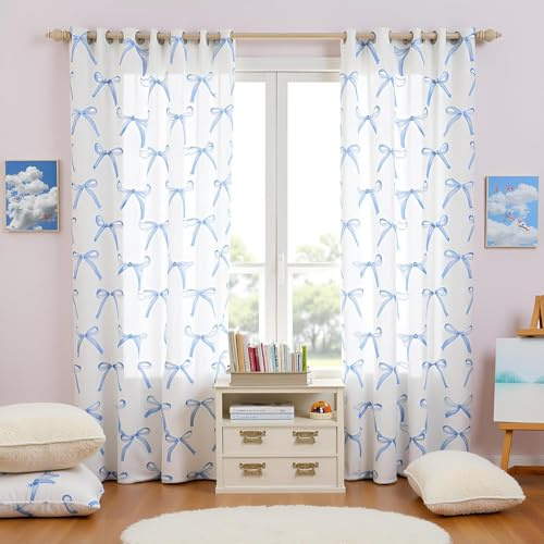 Cartoon Bowknot Kids Blackout Curtains,Bow Tie Knot Geometric Patchwork Fashion Window Drapes for Girls Women,Hand-painted Sketch Blue Noble Window Treatments Grommet Top 2 Panel Set,46Wx54L inch