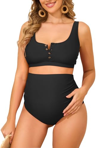 Zando Maternity Swimsuit High Waist Bikini Bathing Suits for Women Black L