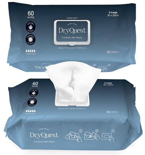 DryQuest Full Body Wet Wipes Extra Large, Pack of 60 - Soft and Moist, Versatile Travel Wipes for Adults & Kids with Aloe Vera & Chamomile Extract - Formulated for Sensitive Skin (30 x 30cm)