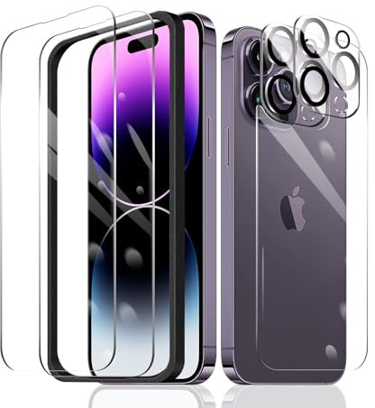Fylnatc 2×Screen Protector for iPhone 14 Pro Max + 2×Camera Lens Protector + 1×Back Tempered Glass Film + 1×Installation Frame, 9H Hardness Case Friendly HD Clear Scratchproof Impact Protection