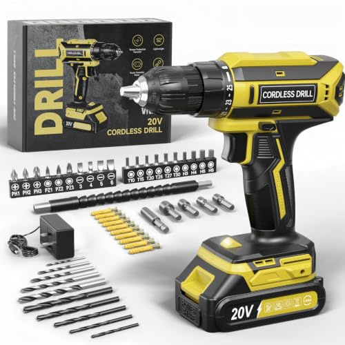 VIWKO Cordless Drill, 20V Electric Combi Drill Set, 25+1 Torque 370 in-lb Power Drills, Electric Screwdriver with 56PCS Accessories LED Light, 2.0Ah Battery Hand Drills Driver for Home Repair DIY Gift