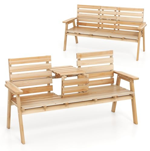 COSTWAY Trädgårdsbänk med bord, träbänk för 2–3 personer, sittbänk med fällbart mittbord, parkbänk av trä kan belastas upp till 320 kg, terrassbänk för balkong och trädgård, 160 x 64 x 86 cm, natur