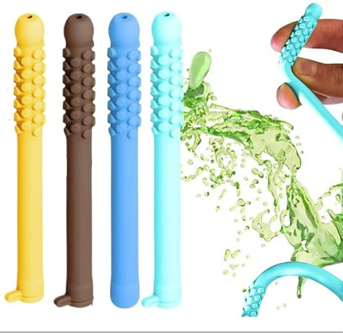 4pcs chewable breathing sticks, silicone breathable chew sticks, chewing straw toys, autism chew toys, bendable essential oil breathing sticks for concentration and clear breathing function