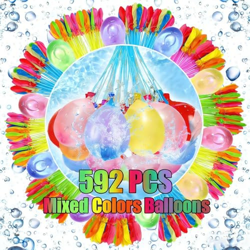 592Pcs Water Balloons, Water Balloons Quick Fill with 4 Filling Nozzles, Colourful Small Balloons for Kids Adults, Waterballoons for Kids Easy Fill, for Summer Outdoor Water Games, Backyard Fights