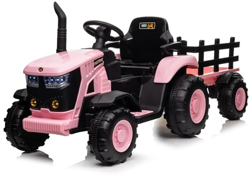 Tractor Eléctrico Niños con Remolque Desmontable Doble Motor 35W, Coche Eléctrico 12V a 6 Neumáticos para Niños con Control Remoto Música, 3 Velocidades, Faros de 7 LED, Cuerno (Rosa)