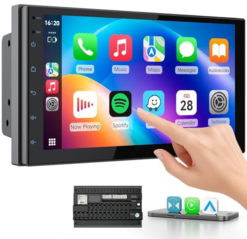 Haudio 2 Din Bilstereo med Trådlöst CarPlay & Android Auto, 7 Tum IPS-skärm, GPS, Röststyrning, Rattstyrning, FM/RDS/AM, 25 UI-teman, Backkamera, 2+64 GB, för alla Personbilar (uppgraderad processor)