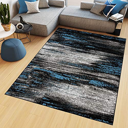 TAPISO Maya Teppich Kurzflor Modern Verwischt Meliert Streifen Design Schwarz Grau Blau Weiß Wohnzimmer Schlafzimmer ÖKOTEX 80 x 150 cm
