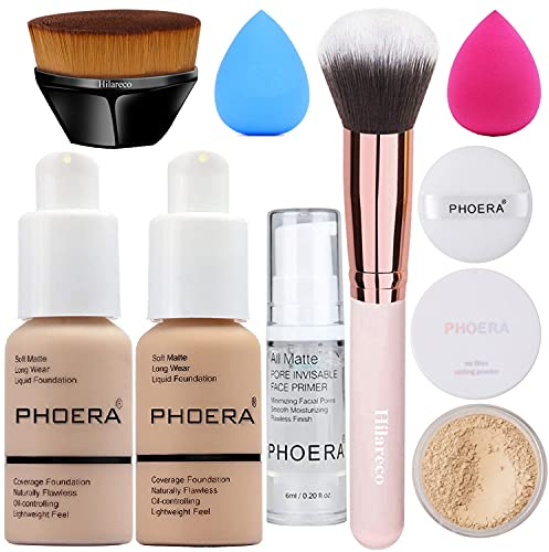 PHOERA Foundation und Primer Set - Flüssigmatt Full Coverage Concealer, Make Up Foundation und Puder Pinsel, Make up Schwamm Set (Buff Beige #104 + Sand #105)