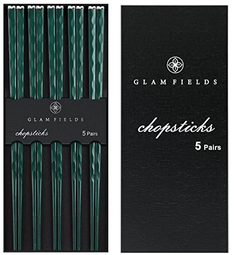 GLAMFIELDS 5 Pairs Chopsticks Reusable, Premium Fiberglass Chop sticks Dishwasher Safe for Sushi Ramen, Non-slip, 9 1/2 inches - Gift Set Green with Silver Plated