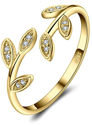 JewelryPalace Bague Ouverte Réglable Zircone Cubique Argent Sterling 925, Plaqué Or Jaune - Fiançailles, Mariage, Alliance - Motif Feuilles d'Olivier - Bijoux Femme