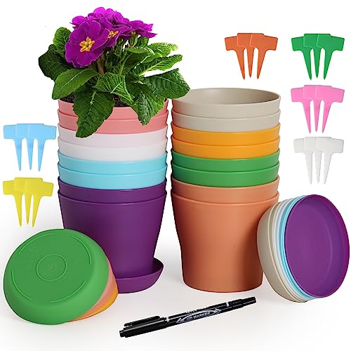 Happybase Vasi da fiori da 14 cm, confezione da 16 piccoli vasi in plastica con sottovaso, vasi per piantine con pallet, contenitori da giardinaggio – 8 colori assortiti