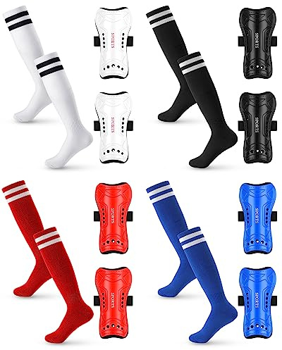 Toulite 4 Sets Soccer Shin Guards and Socks for Youth Kids, Soccer Shin Pads Long Socks for 7-15 Year Old Child, Gear Football Equipment for Boys Girls Toddlers Teenagers(White Black Red Blue)