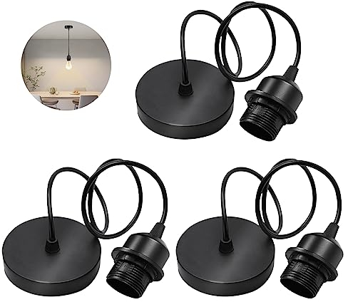 Sporgo 3 unidades E27 lámpara de suspensión: cable de 100 cm, portalámparas E27 con anillo de fijación, cable textil ajustable para casa, bar, cafetería - Negro (FL0183-DZ01)
