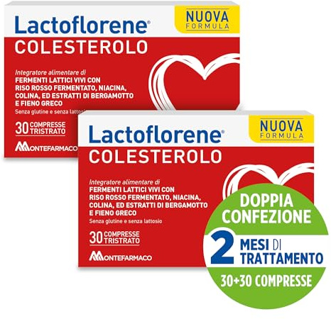 Lactoflorene Colesterolo, Fermenti Lattici con Probiotici, Fieno Greco, Riso Rosso, Colina, Niacina, Bergamotto, Senza Glutine Senza Lattosio - Integratori Adulti (2 Pack 30+30 Compresse)