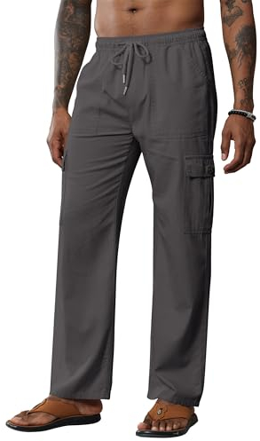 Breampot Herren Leinenhose Lang Leicht Sommerhose Baumwolle Cargo Loose Freizeithose mit Kordelzug (Dunkelgrau, X-Large)