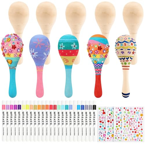 15 PCS Mini Wooden Maracas for Kids, Unfinished DIY Maracas with Multicolor Pens and Gem Stickers for Mexican Fiesta Cinco De Mayo Painting Shakers Baby Musical Toys Birthday Party Favor Supplies