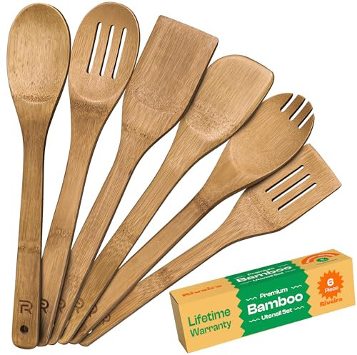 Riveira Dark Bamboo Wooden Spoons for Cooking 6-Piece, Apartment Essentials Wood Spatula Spoon Nonstick Kitchen Utensil Set Premium Quality Housewarming Gifts for Everyday Use