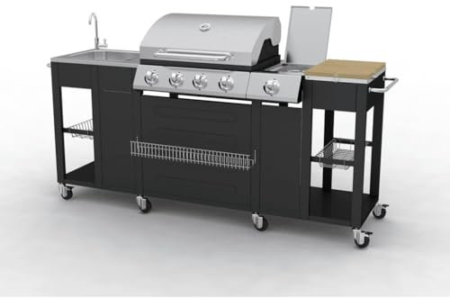 LXYZWRW Montana Barbecue a gas da esterno a 4 fuochi con bruciatore laterale, indicatore di temperatura integrato, padella per grasso estraibile, ruote