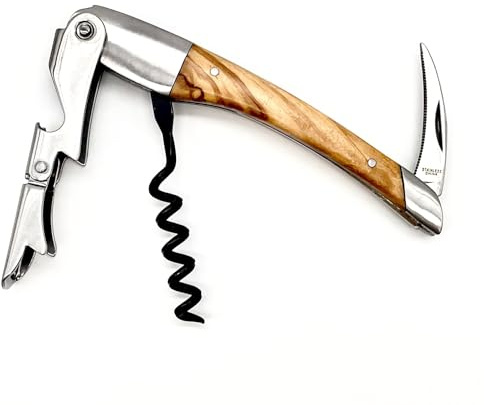 VinStyle Olive Wood Wine Opener With Two Step Cork Pull Lever, Five Spiral Teflon Coated Worm and Serrated Knife, Beautiful Wood Grain and Quality Construction. The Superior Waiter's Corkscrew.