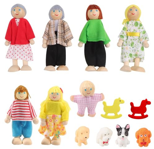 Getyjoe 13 PCS Puppenhaus Puppen Holz Familienpuppen Spielset Biegepuppen Figuren mit Hund und Schaukelpferd Puppenhaus Familie für Puppenfamilien Mitglieder Puppenhäuser Spielzeug Geschenk