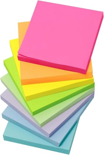 Sticky Notes 800 pezzi, 8 libri da 100 fogli, 7,5 x 7,5 cm, adesivo riutilizzabile non cade facilmente, quantità sufficiente, facile da scrivere, per scuola, ufficio e casa (4 fluorescenti&4 pastello)