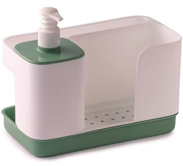 Snips Riordinello - Dispenser Sapone Cucina e Bagno 3in1, Set Porta Spugne Lavello Cucina, Porta Sapone Dosatore 400ml e Strofinacci, Organizer Lavello Salvaspazio 21x12x18 Made in Italy, Bianco/Verde