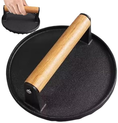 Burger Press, pressa tortilla in ghisa rotonda da 7 pollici con manico in legno, peso per bistecca per impieghi pesanti per sandwich alla griglia hamburger steakpress