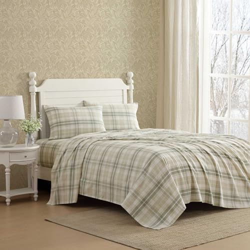 Laura Ashley - Sábanas de cama individual, juego de ropa de cama de franela de algodón con funda de almohada a juego, cepillado para mayor suavidad, bolsillo profundo, certificado Oeko-Tex (Mulholland