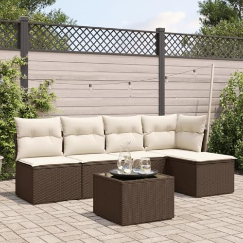 Festnight Conjunto Jardín de Ratán con Cojines Gruesos, Muebles Jardín Exterior con Almacenamiento, Sofá para Jardin Terraza Resistente a la Intemperie,Marrón y Crema 6 pzas Type-14