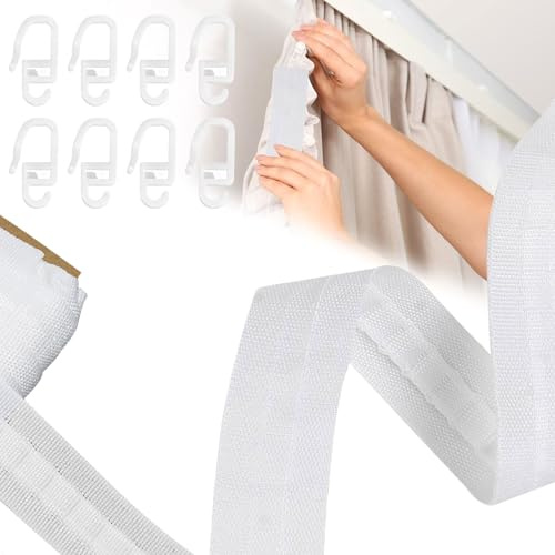 1 Rouleau de Ruban Fronceur de Rideaux, 2,5 cm x 40 mRuban de Rideau à Coudre, Ruban Rufflette pour Rideau, Rubans à Rideaux à Coudre Plissé Universels pour Décoration, Blanc, avec 50 Crochets