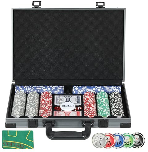SPORTNOW 400-Piece Poker Chips Set with Lightweight ABS Case, Casino Texas Holdem Poker Set with Mat, 11.5g Numbered Poker Chips, Two Decks of Cards, Dealer, Five Dices, Grey