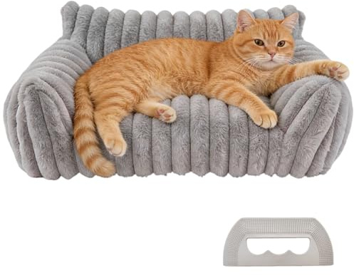 Atomvia Washable Cat Sofa 60x45x20cm Cat Beds for Indoor Cats and Small Dogs Removable Cover Soft Cat Bed Couch with Non-Slip Bottom, Indoor Cat Beds with Hair Remover (Gray)