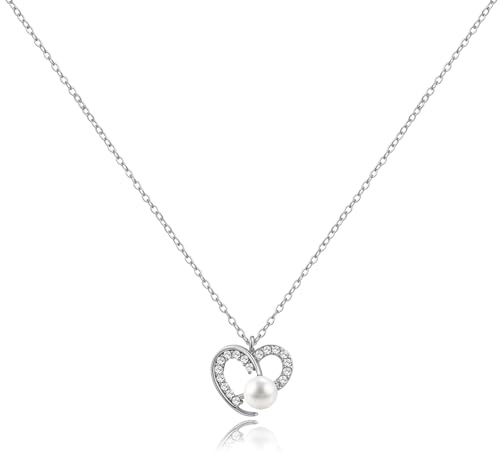 Desnuage Dainty Silver Heart Pearl Necklace for Women Silver Adjustable Necklace Perfect Valentine's Day Gift for Her