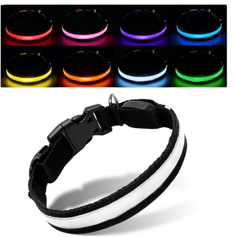 VOSSOT Collare Luminoso Cani LED Ricaricabile, Collare Cani Regolabile Impermeabil 3 Modalità Illuminazione (Flash Veloce, Lento, Multicolore), 7 Colori Collare Sicurezza Notte Luminoso Piccoli, Medi