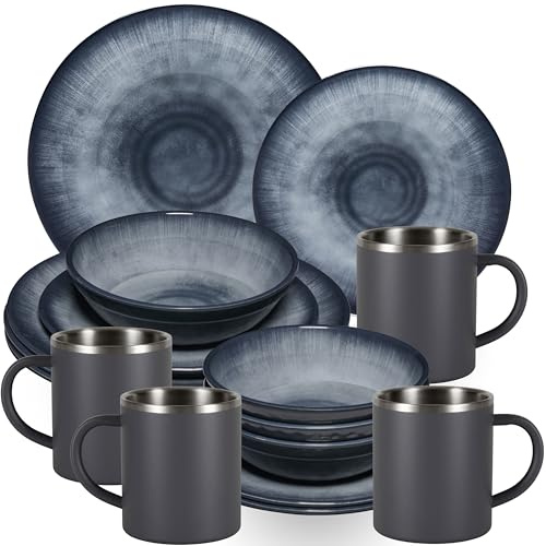 Jesolo Service de table en mélamine pour 4 personnes – 16 pièces – avec tasses en acier inoxydable gris aspect faïence passe au lave-vaisselle Vaisselle de camping caravane camping festival
