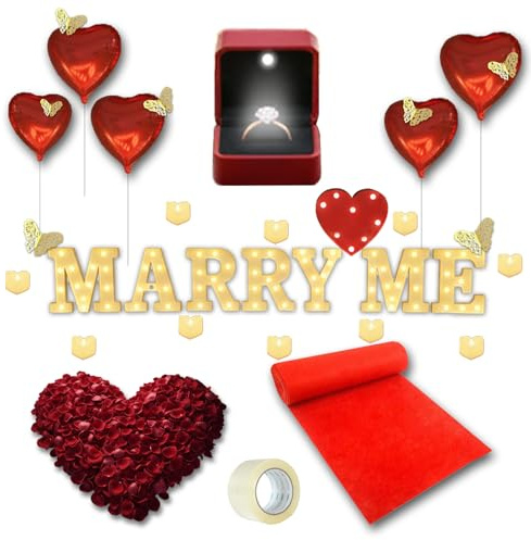 3051PCS Kit de Décoration pour Demande en Mariage, Lettres Lumineuses Marry Me, Boîte à Bague Lumineuse, Coeur Lampe à Bougie, Papillon Doré, Pétales de Rose, Tapis Rouge de 5M, Cœur Ballons