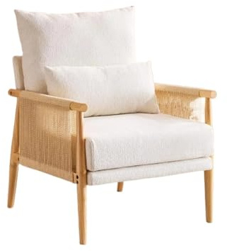 NJIEzhao Fåtölj av trä, fläta accent armstol, mitten av århundradet, modern med solid träarmresten, bekväm louge kudde stol med midjepinne kudde (beige)