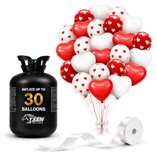 TXEN 7L Disposable Helium Balloon Canister with 50 Balloons Included Inflates Up to 30 Balloons | 100% Pure Helium Tank for Balloons | Red, White & Heart Print Balloons for Valentine's Day (7L)